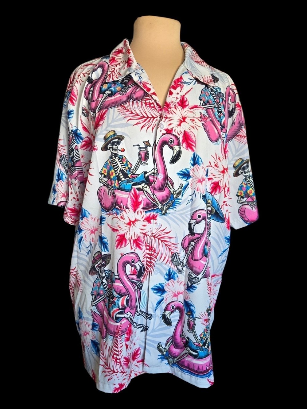 Men's White Short-Sleeve Camp Shirt with Smoking Skeleton And Flamingos Sz XL